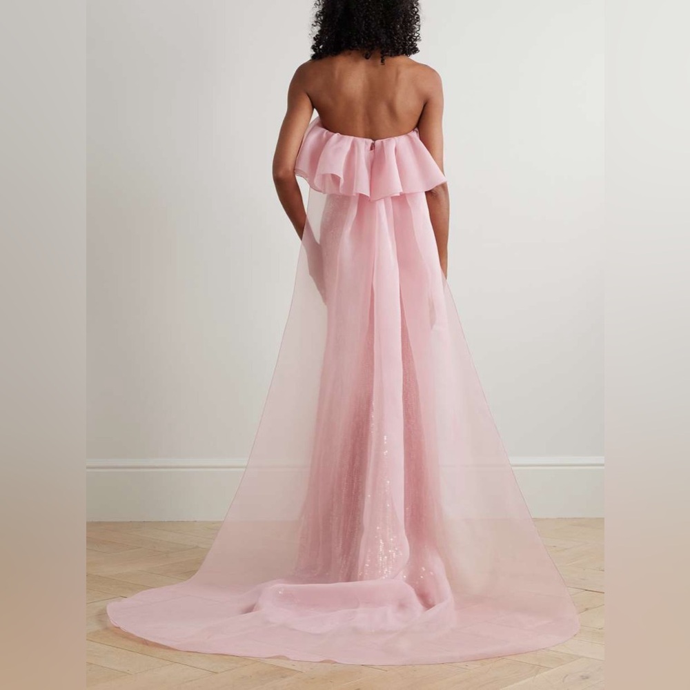 Jenny Packham NWT $6500 Pink Sequin Strapless Chiffon Gown Removable Cape - Picture 2 of 13